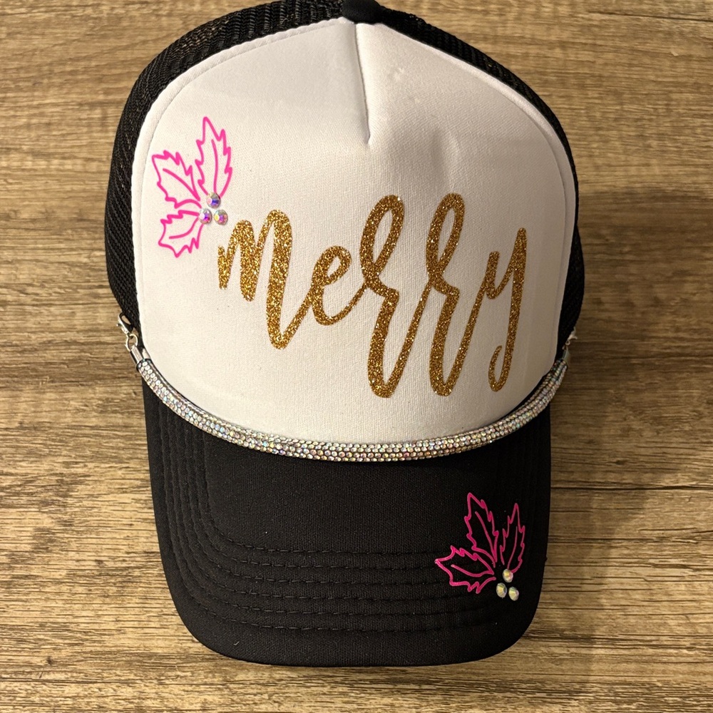 Merry Black and White Trucker Hat with Gold Lettering